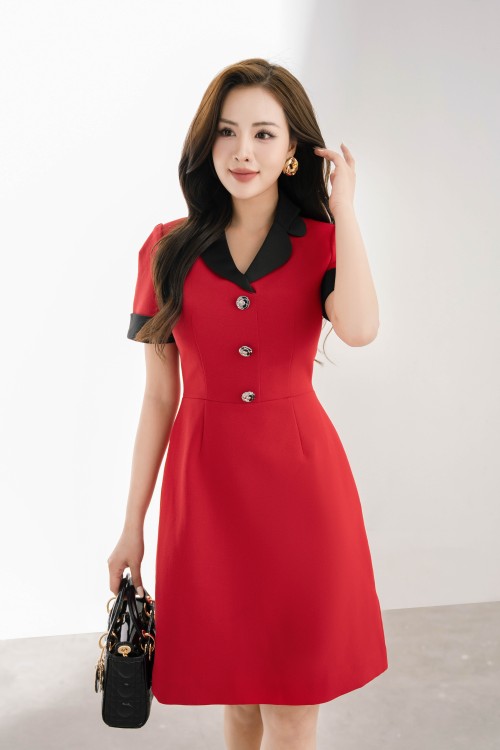 Sixdo Red Revers Collar Mini Woven Dress